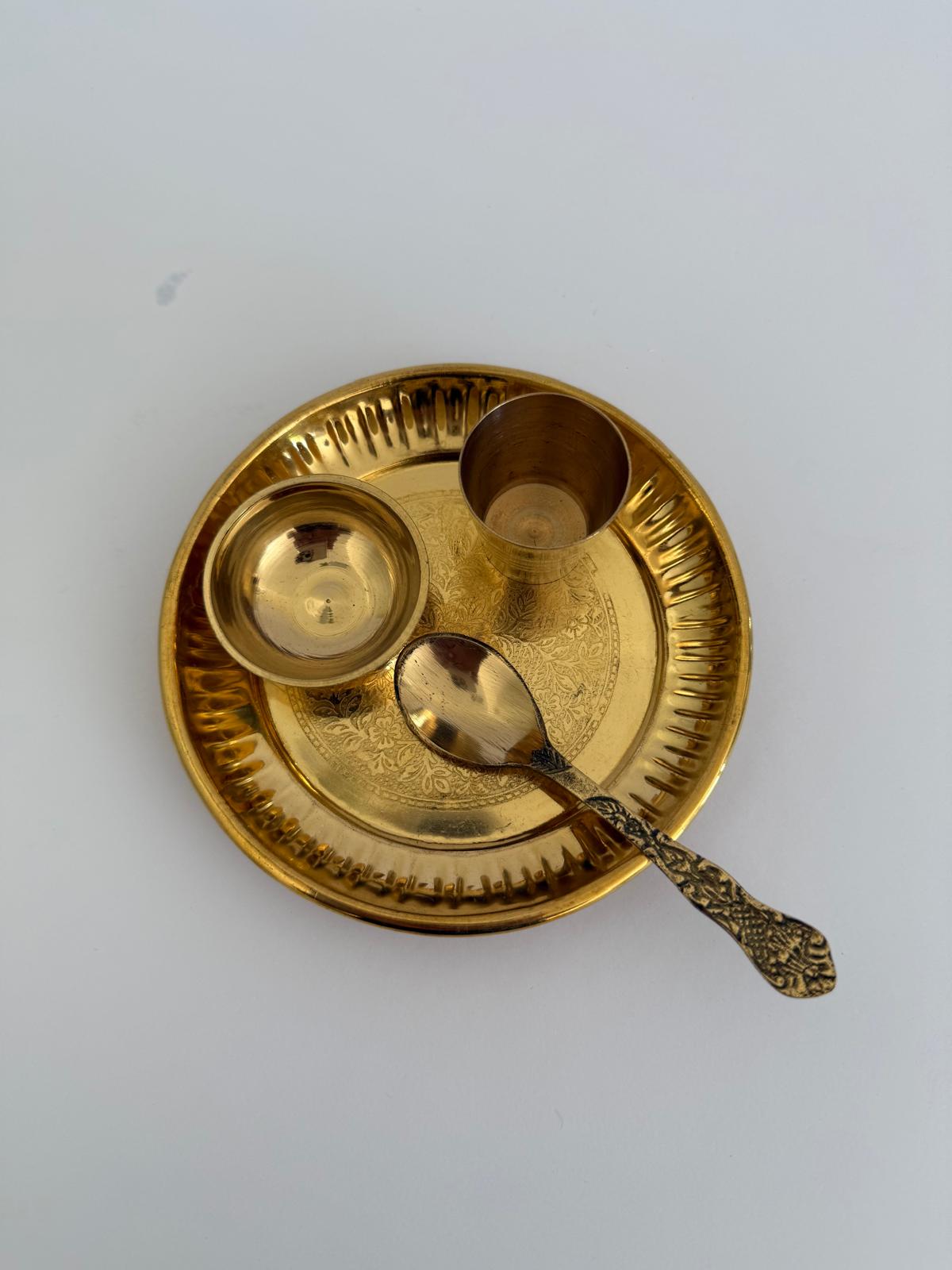 Brass Pooja Thali Set (Plate, Katori, Cup & Spoon)