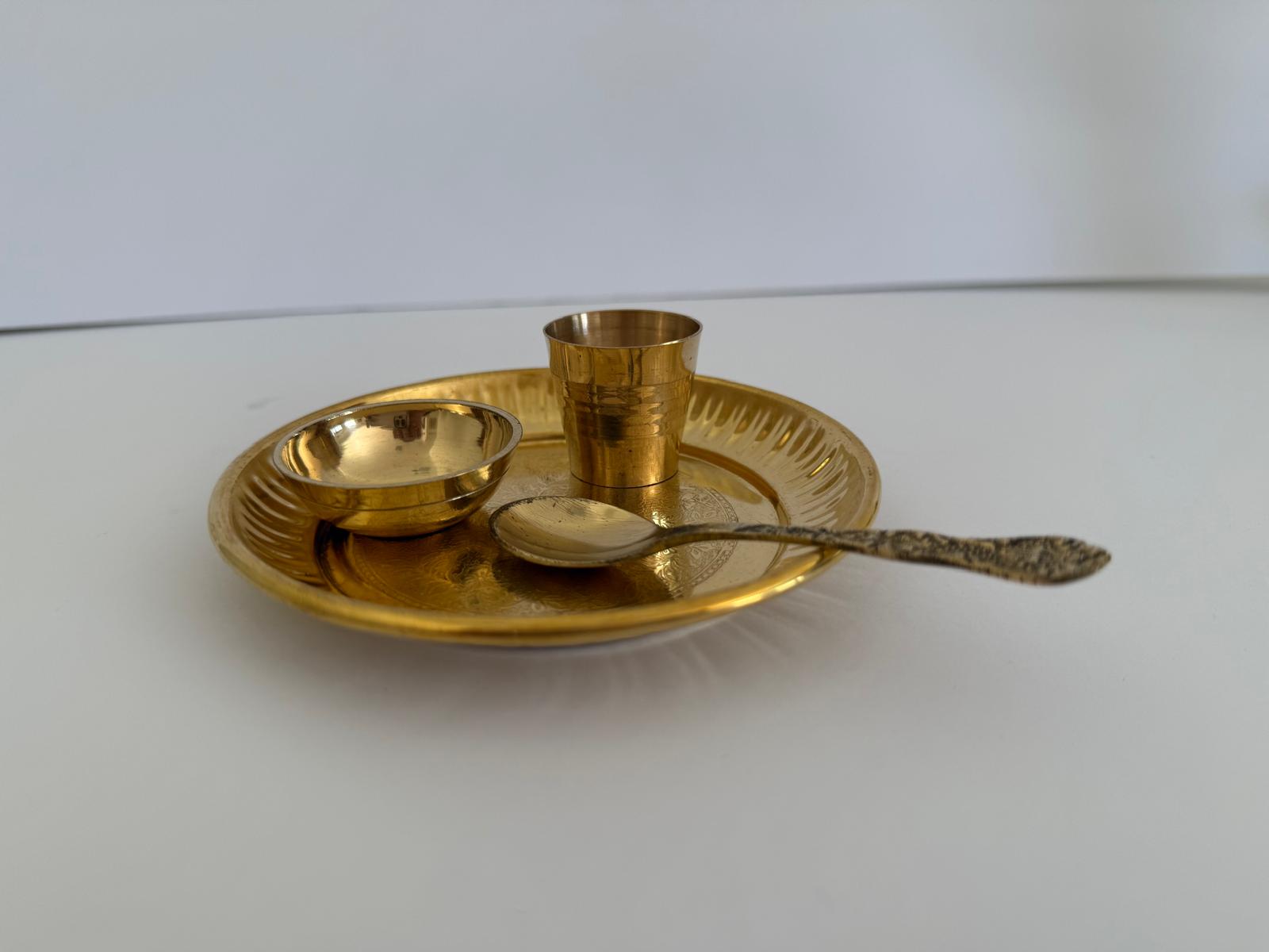 Brass Pooja Thali Set (Plate, Katori, Cup & Spoon)