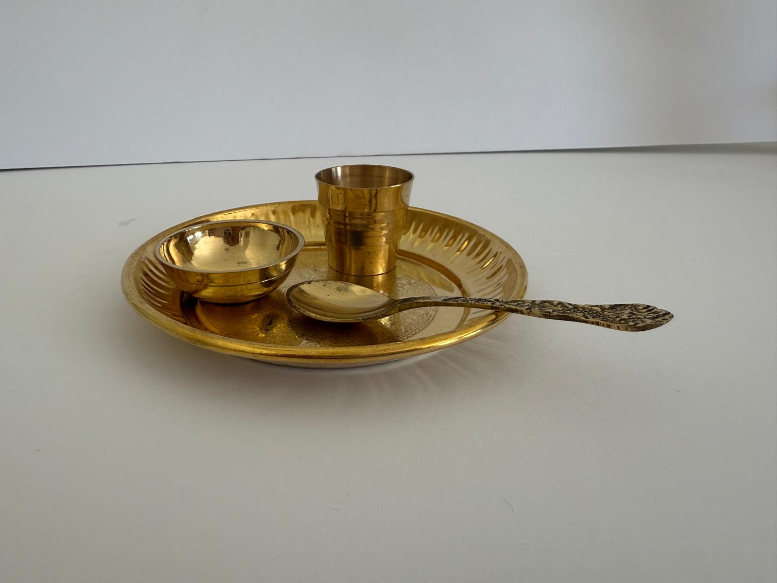 Brass Pooja Thali Set (Plate, Katori, Cup & Spoon)
