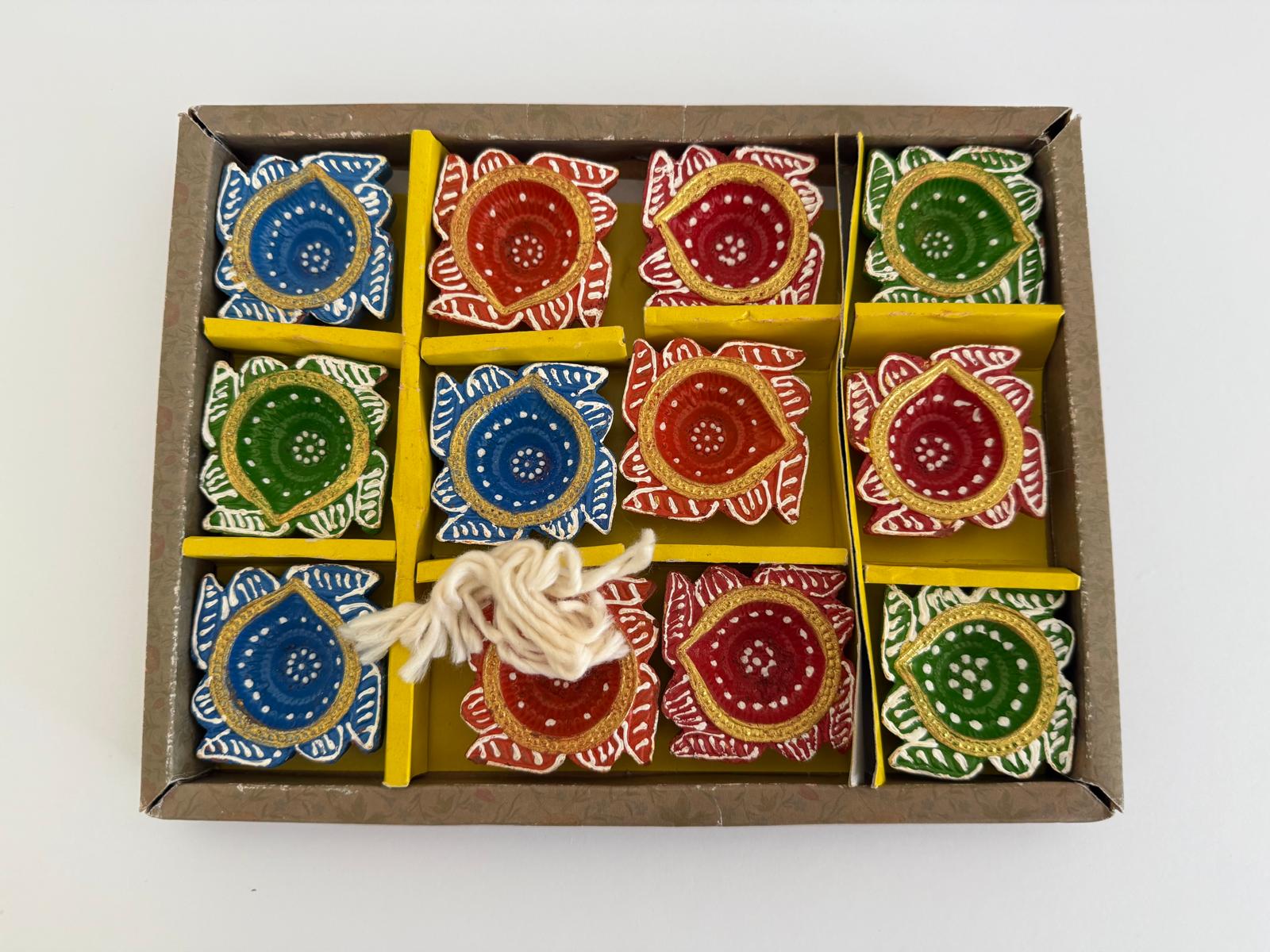 Hand-Painted Diya Set (12 Pcs, Assorted Colors) – Lotus Design