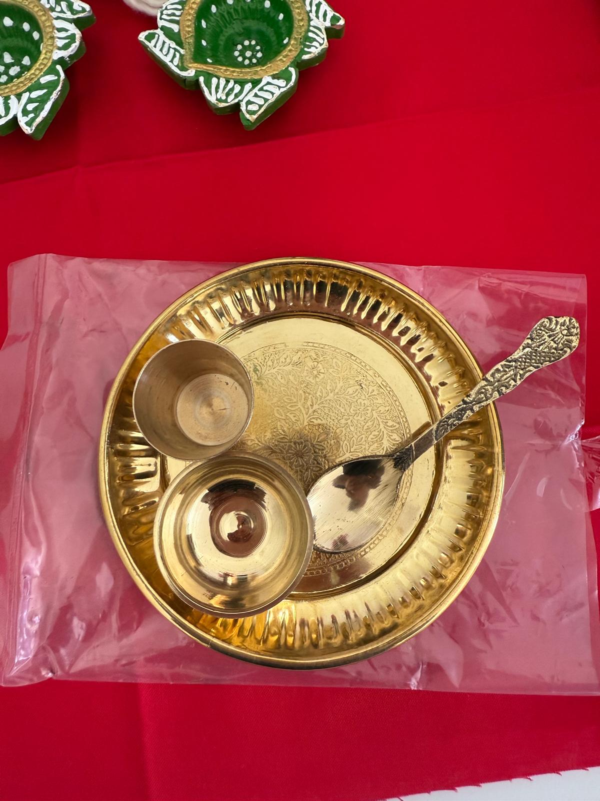 Brass Pooja Thali Set (Plate, Katori, Cup & Spoon)