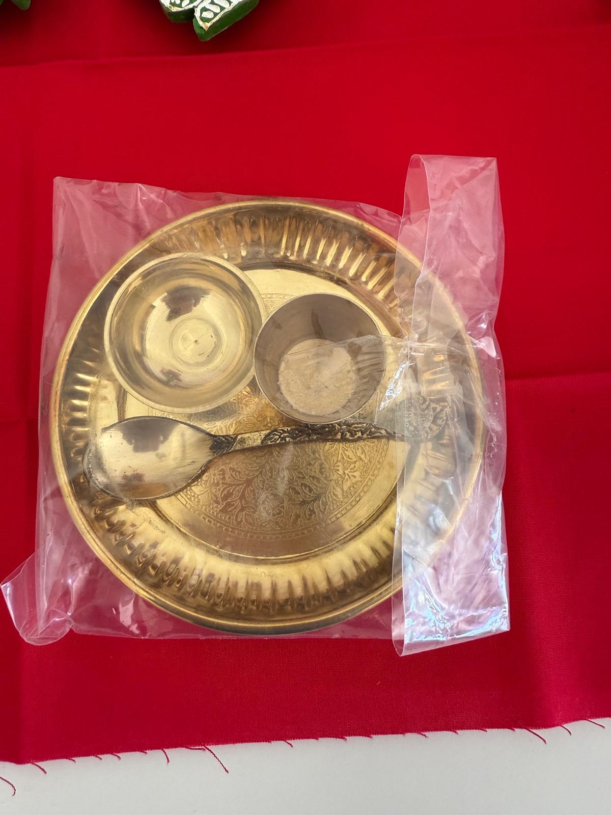 Brass Pooja Thali Set (Plate, Katori, Cup & Spoon)